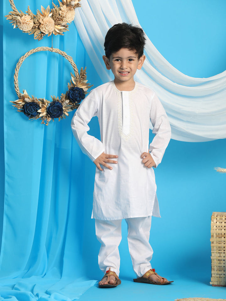 VASTRAMAY Boys' White Kurta And White Pyjama Set