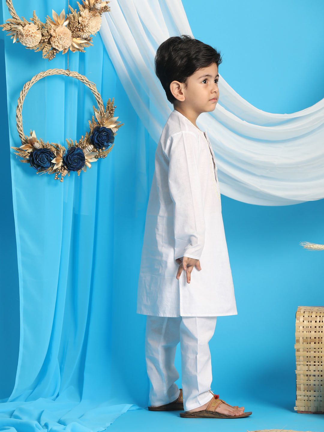 VASTRAMAY Boys' White Kurta And White Pyjama Set