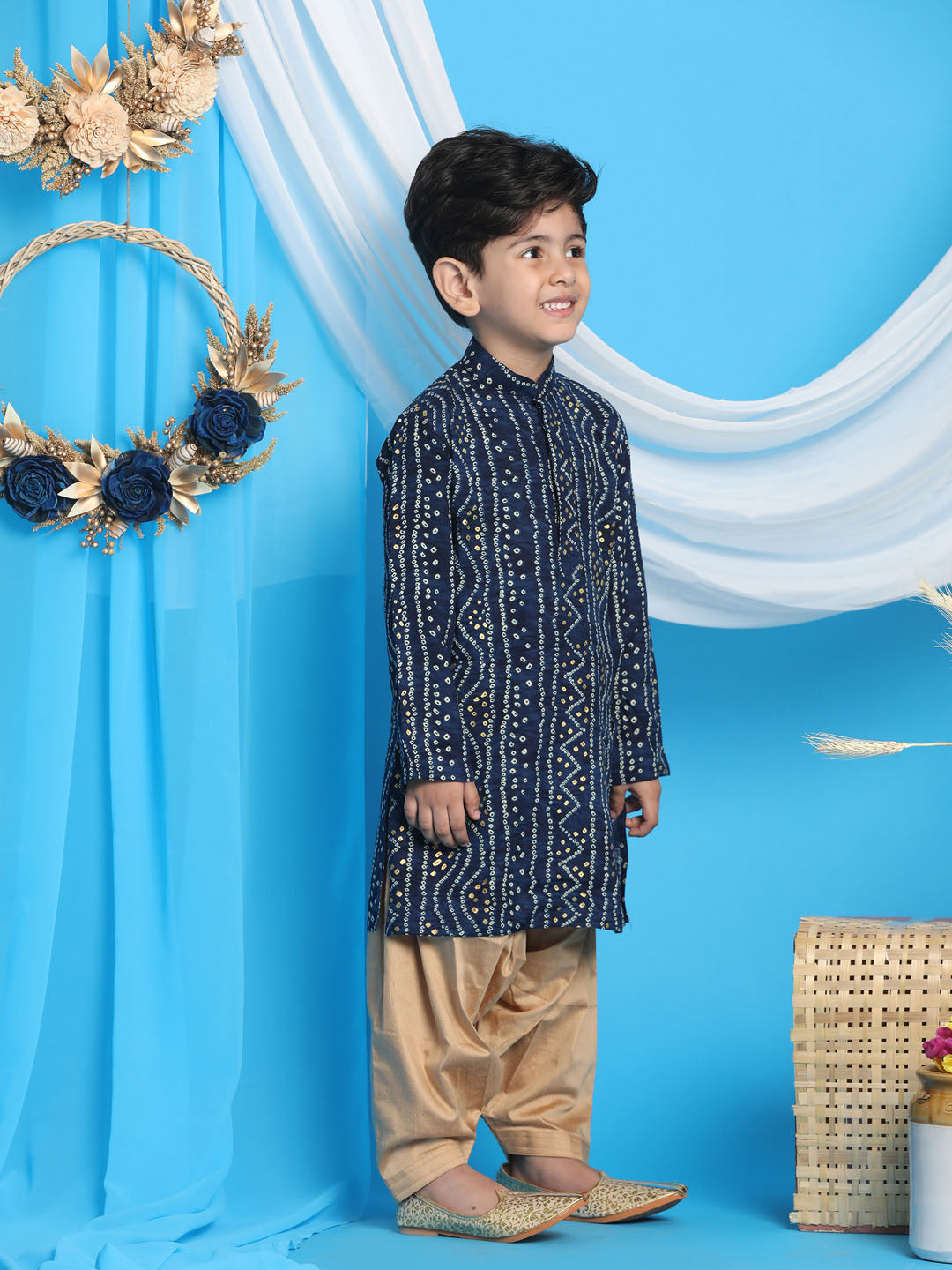 VASTRAMAY Boys' Blue Bandhni Print Kurta And Rose Gold Patiyala Set