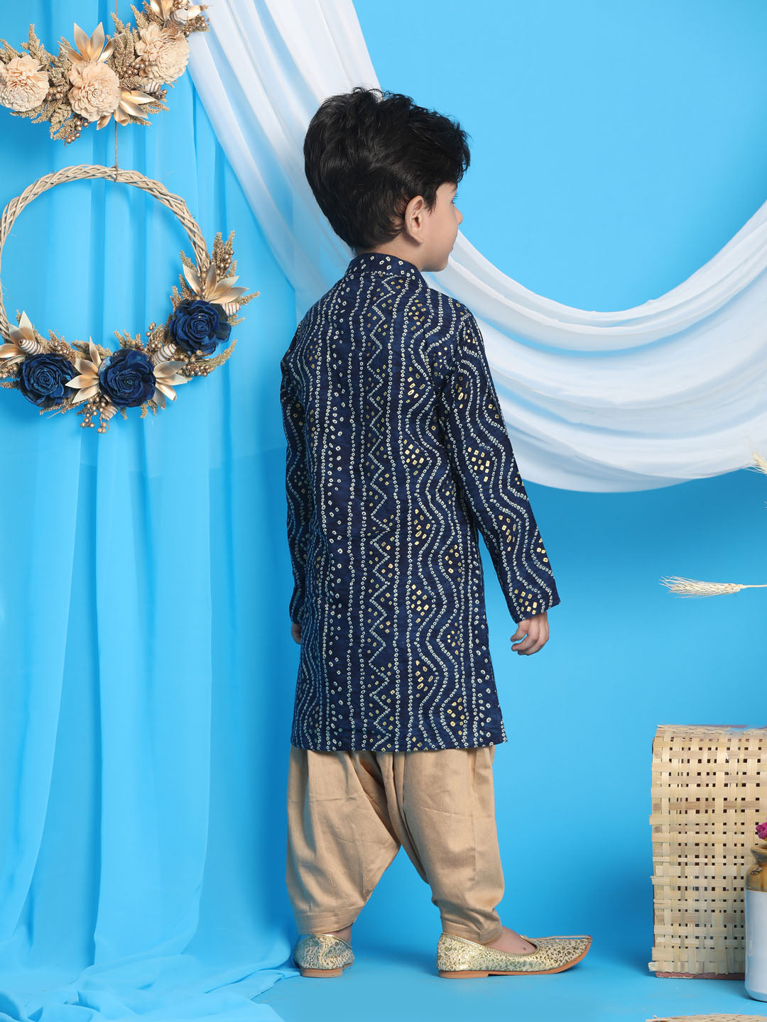 VASTRAMAY Boys' Blue Bandhni Print Kurta And Rose Gold Patiyala Set