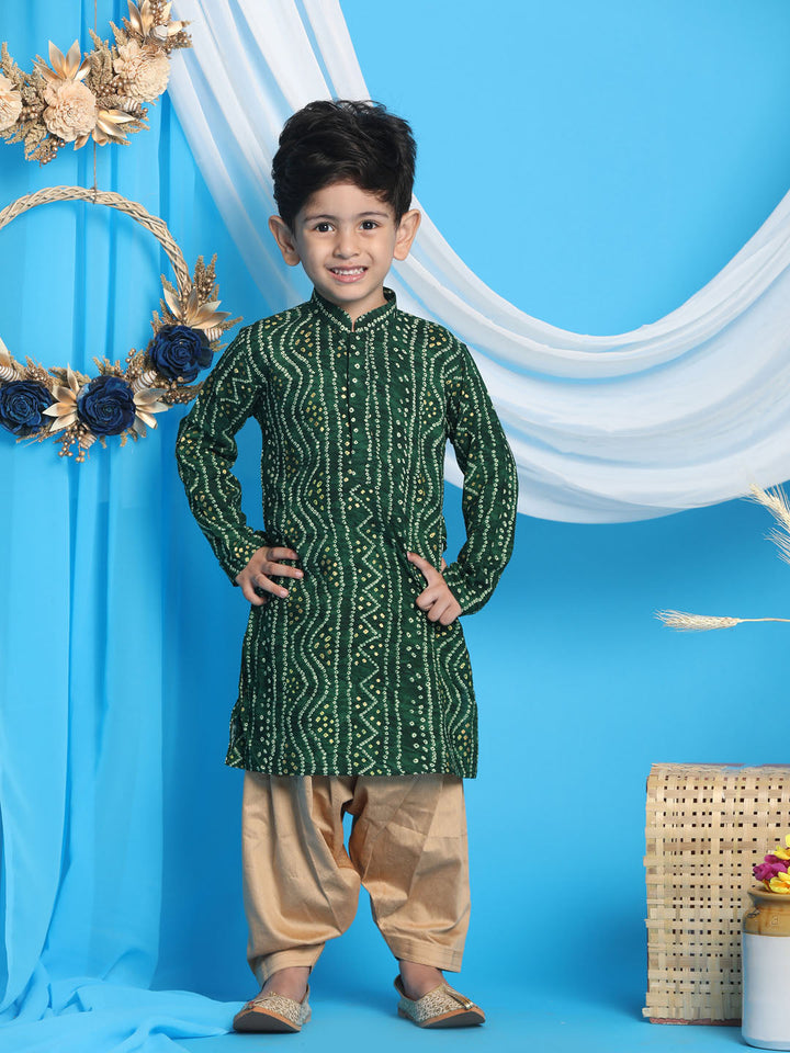 VASTRAMAY Boys' Green Bandhni Print Kurta And Rose Gold Patiyala Set