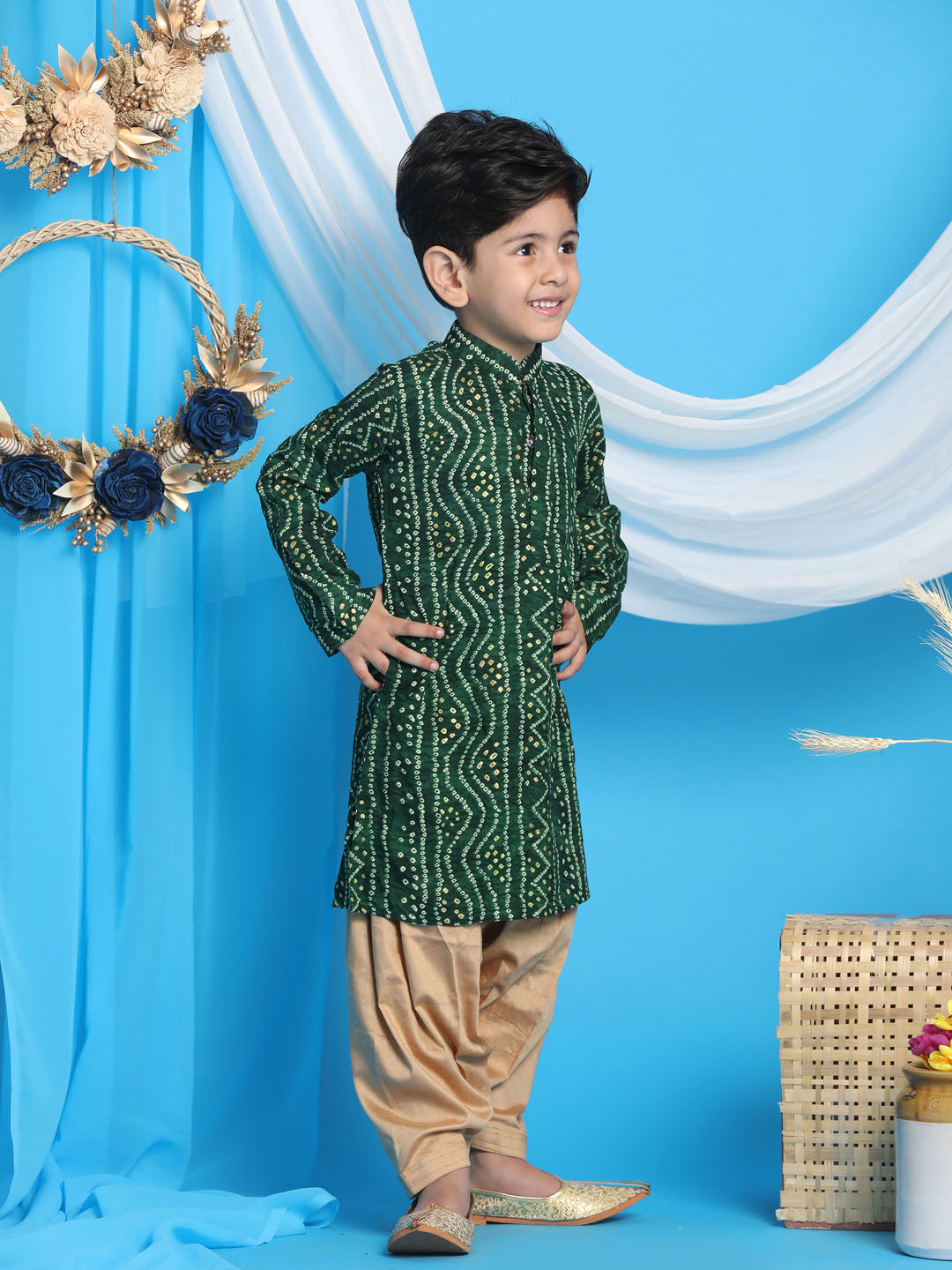 VASTRAMAY Boys' Green Bandhni Print Kurta And Rose Gold Patiyala Set