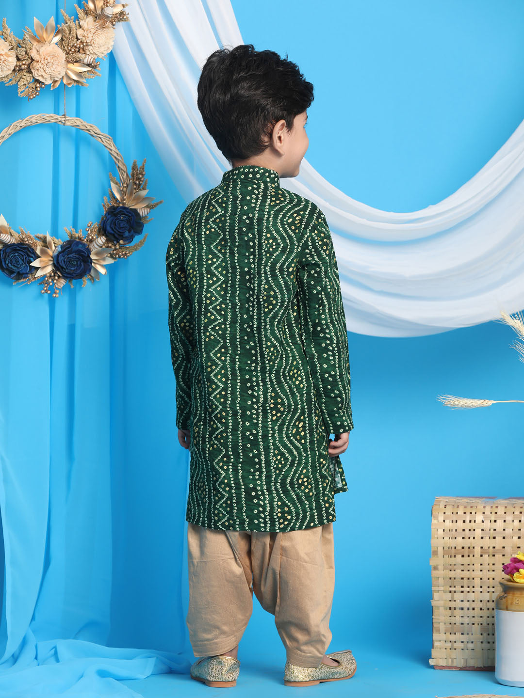 VASTRAMAY Boys' Green Bandhni Print Kurta And Rose Gold Patiyala Set