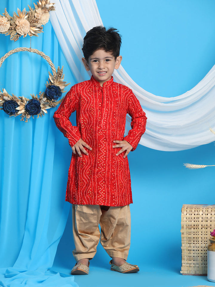 VASTRAMAY Boys' Maroon Bandhni Print Kurta And Rose Gold Patiala Set