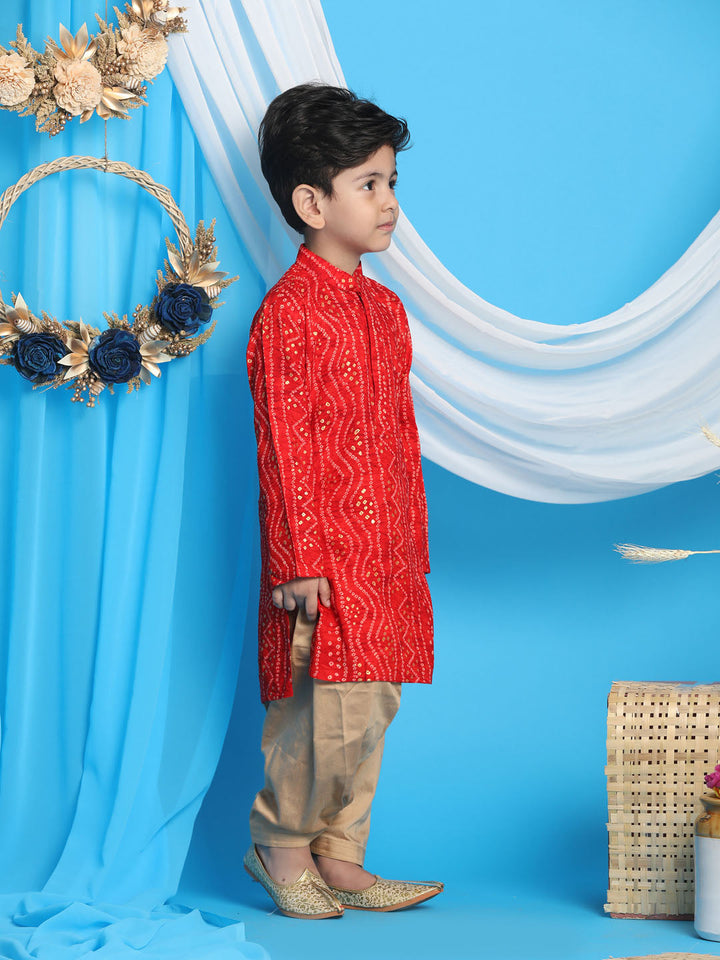 VASTRAMAY Boys' Maroon Bandhni Print Kurta And Rose Gold Patiala Set