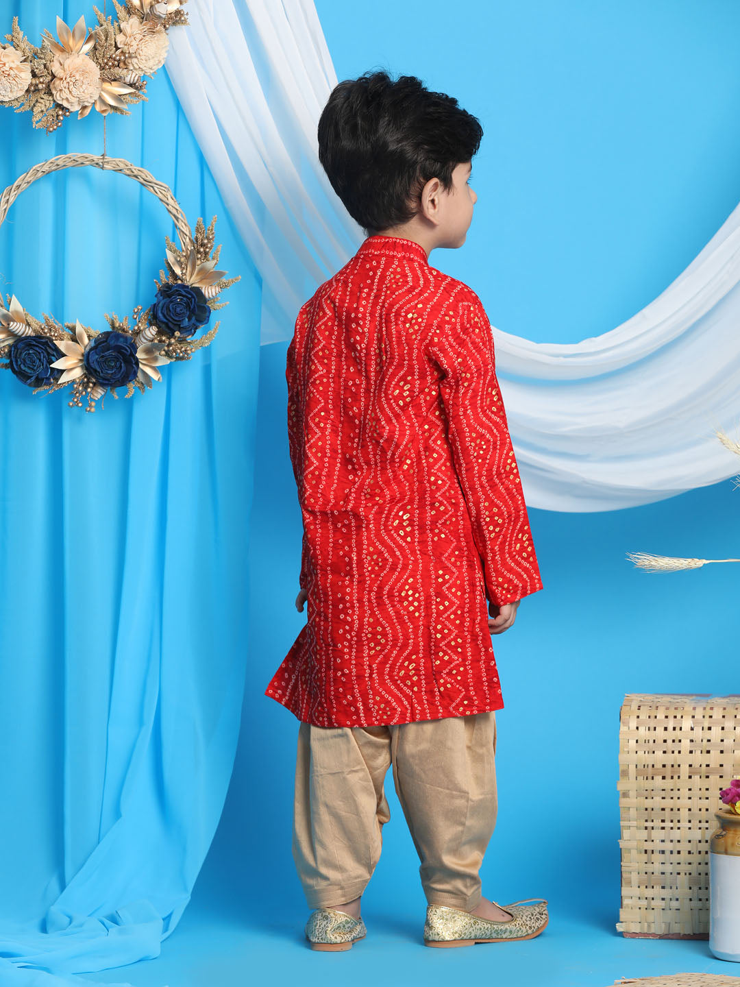 VASTRAMAY Boys' Maroon Bandhni Print Kurta And Rose Gold Patiala Set