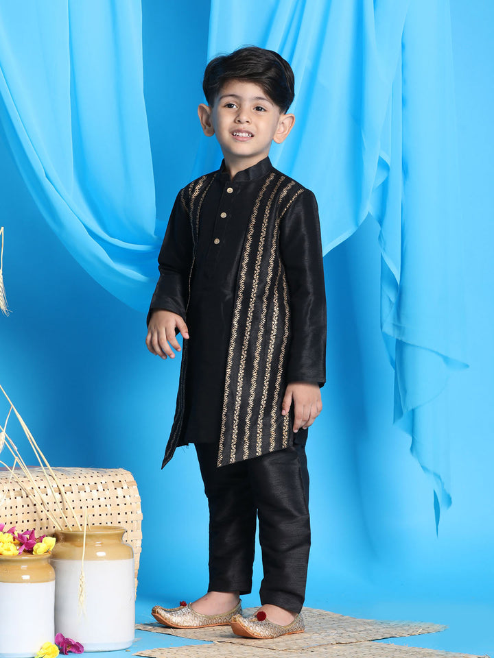 Vastramay Boys' Black Jacket Style Kurta And Black Pyjama Set