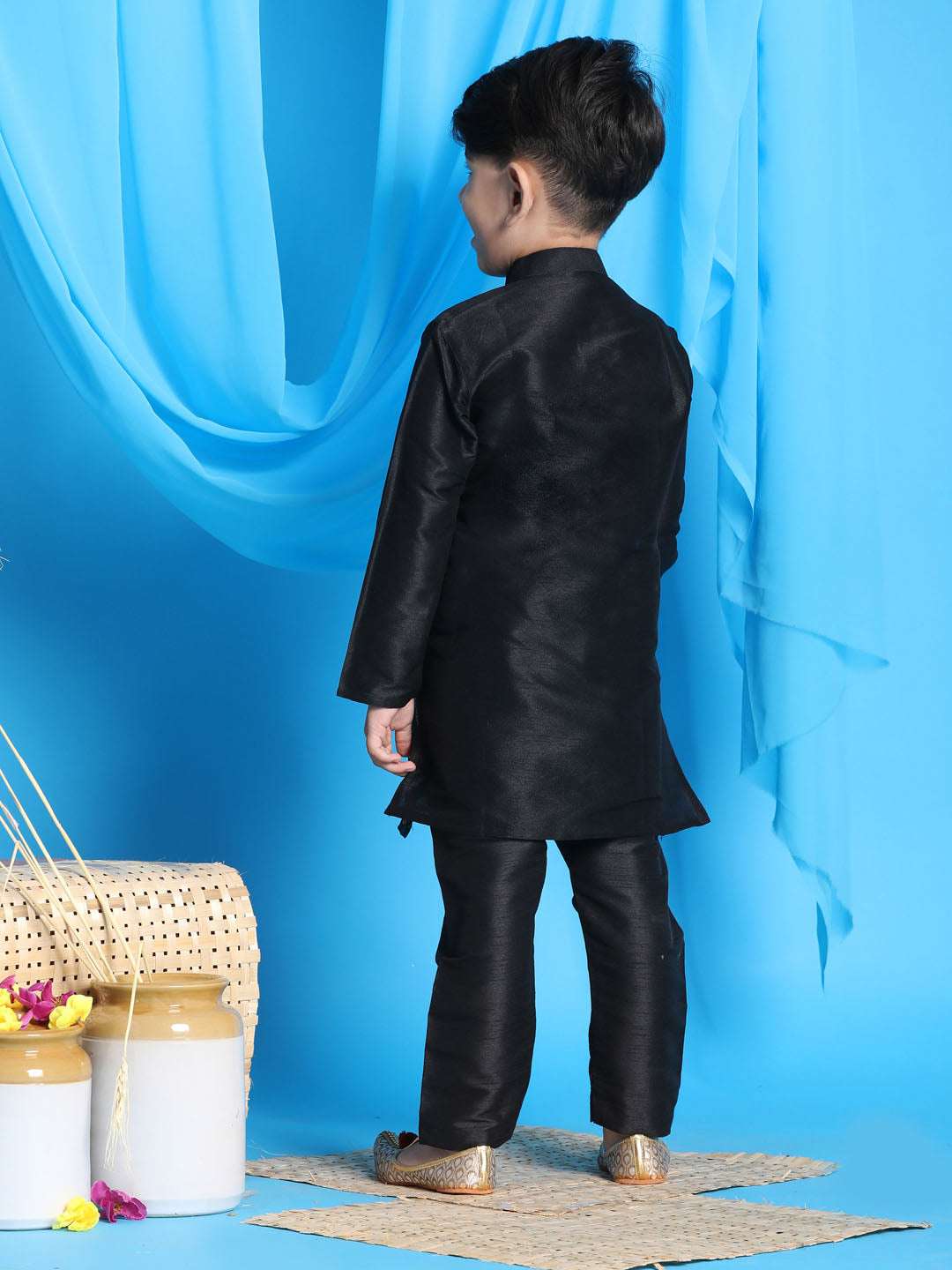 Vastramay Boys' Black Jacket Style Kurta And Black Pyjama Set