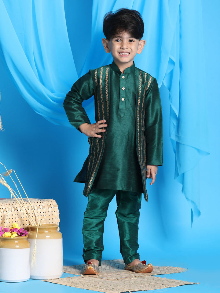 Vastramay Boys' Green Jacket Style Kurta And Green Pyjama Set