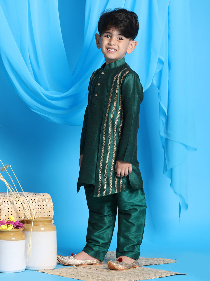 Vastramay Boys' Green Jacket Style Kurta And Green Pyjama Set