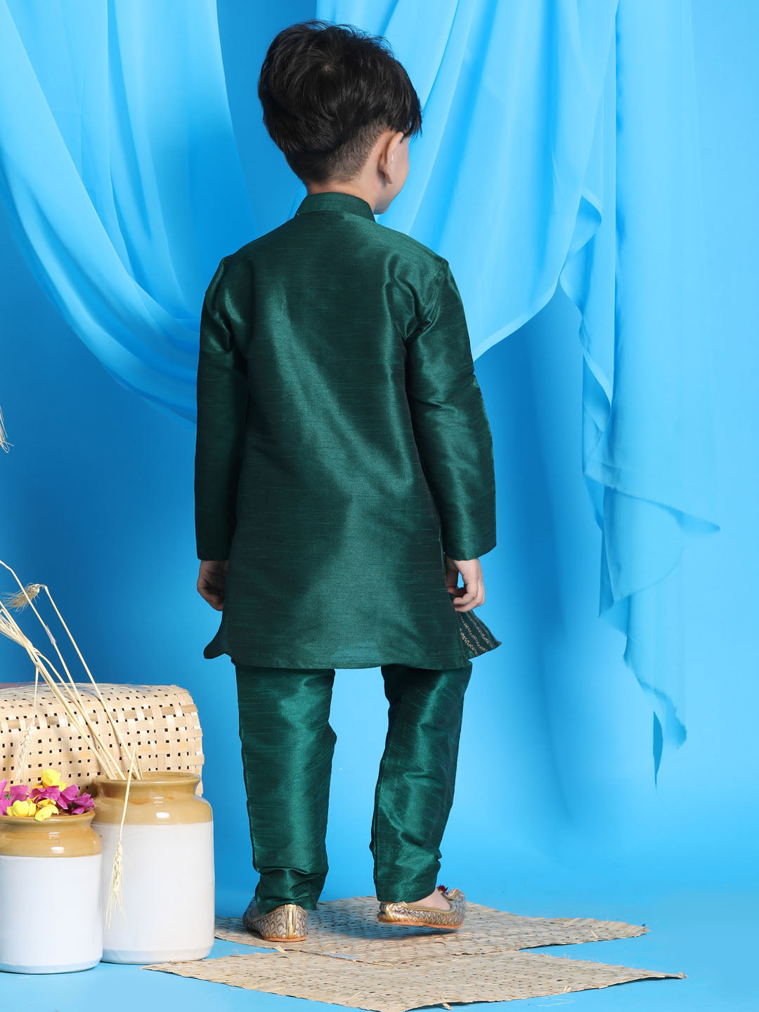 Vastramay Boys' Green Jacket Style Kurta And Green Pyjama Set