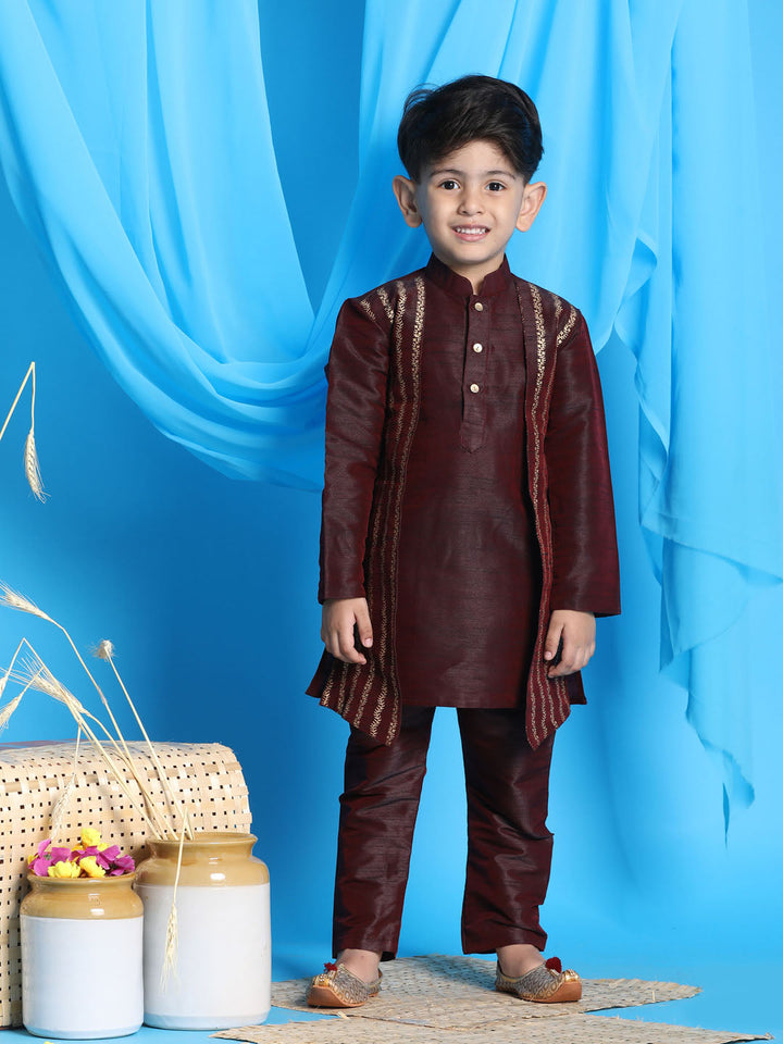 Vastramay Boys' Wine Jacket Style Kurta And Pyjama Set