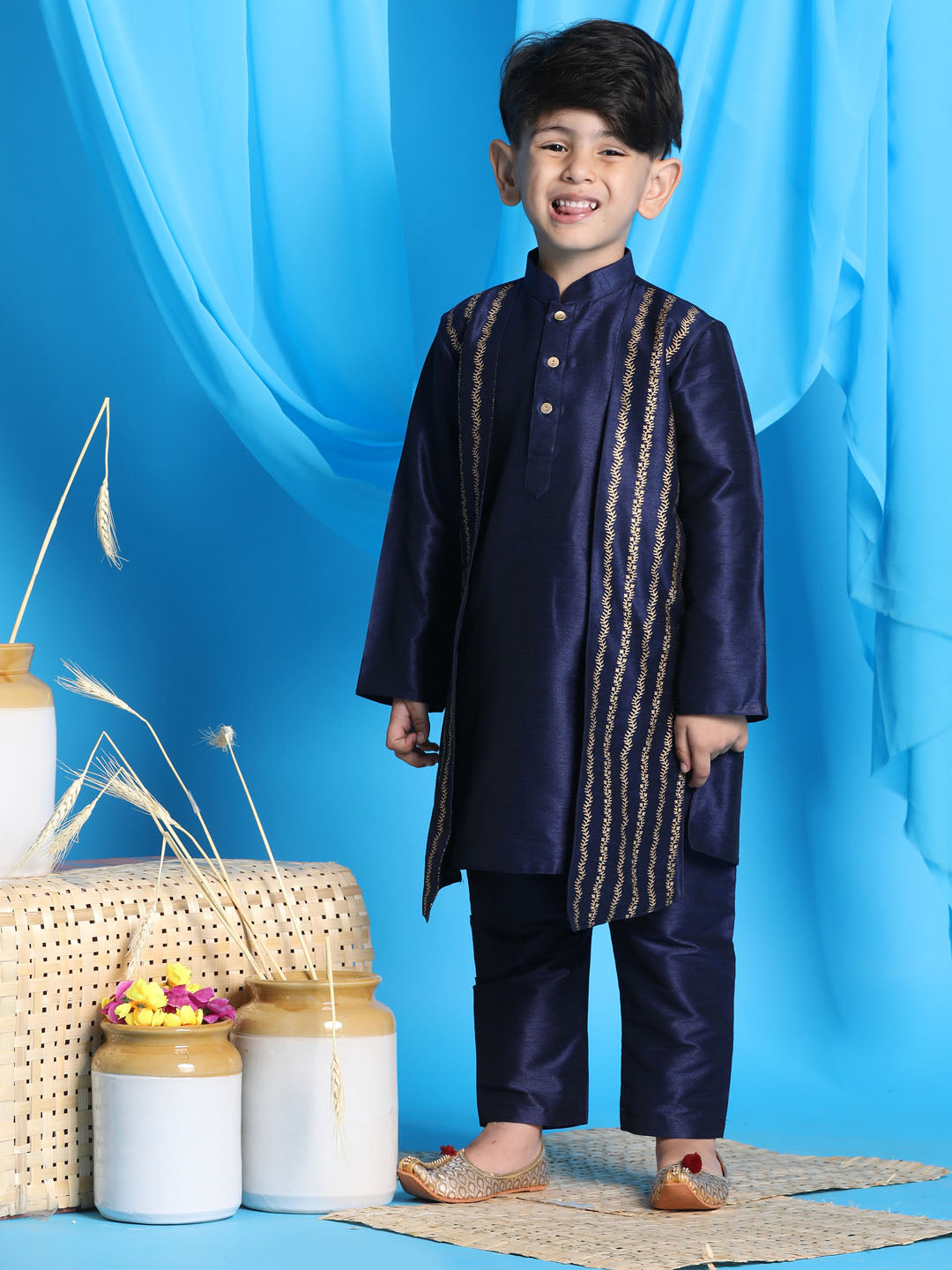 Vastramay Boys' Navy Blue Jacket Style Kurta And Navy Blue Pyjama Set