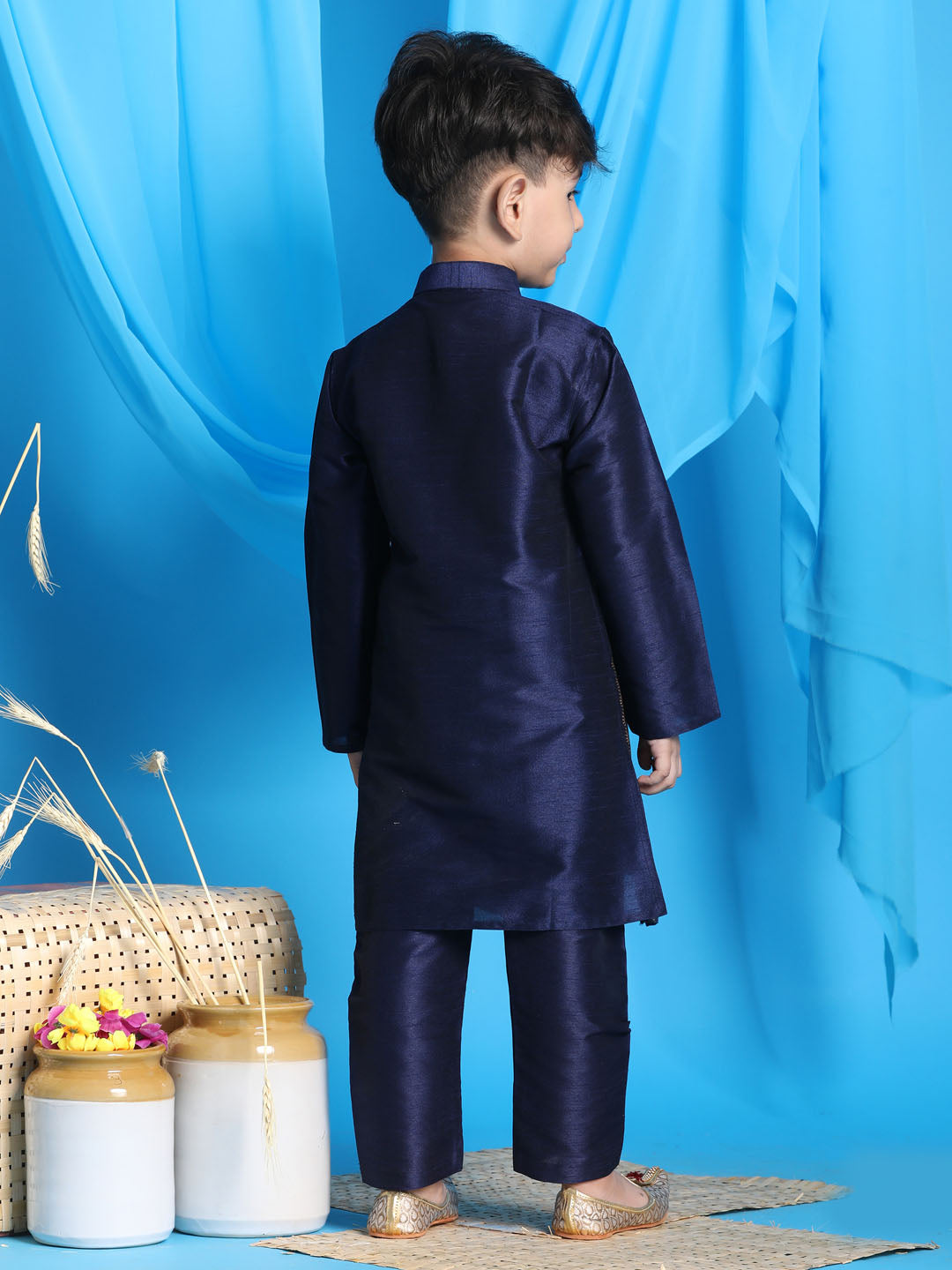 Vastramay Boys' Navy Blue Jacket Style Kurta And Navy Blue Pyjama Set