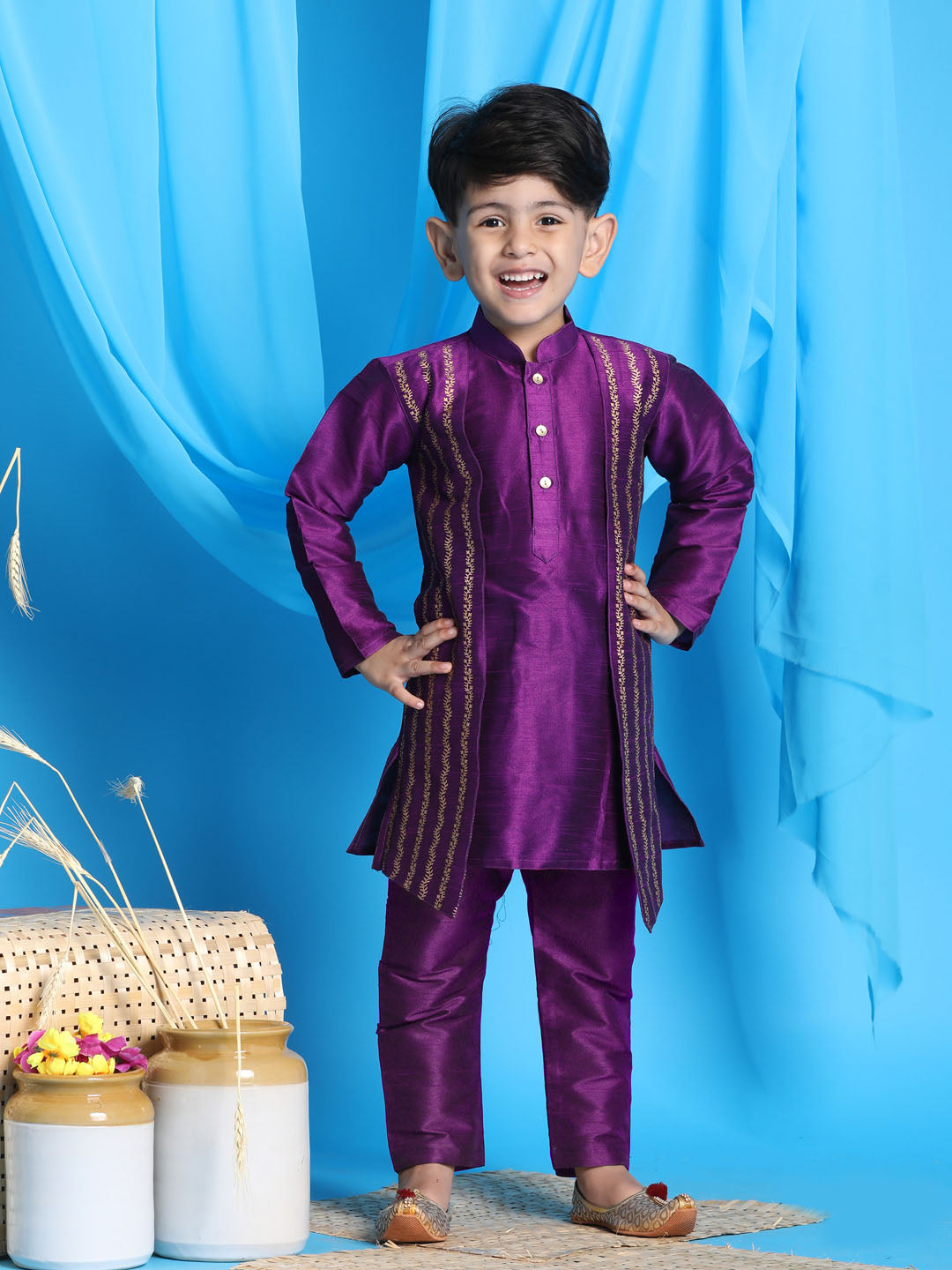 Vastramay Boys' Purple Jacket Style Kurta And Purple Pyjama Set - qivii