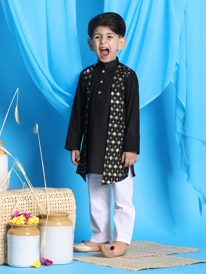 VASTRAMAY Boys' Black Jacket Style Kurta And White Pyjama Set