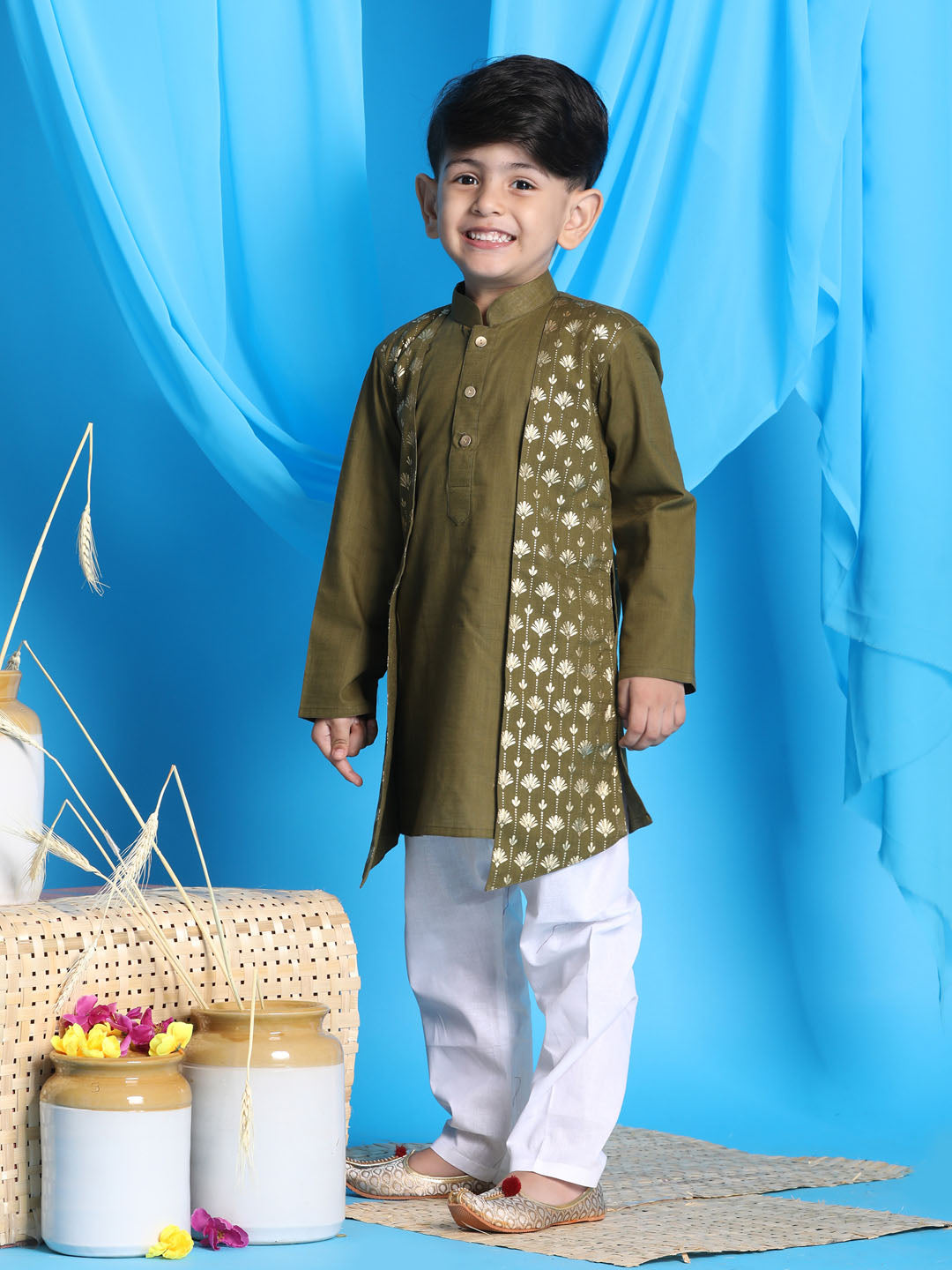 VASTRAMAY Boys' Mint Green Jacket Style Kurta And White Pyjama Set