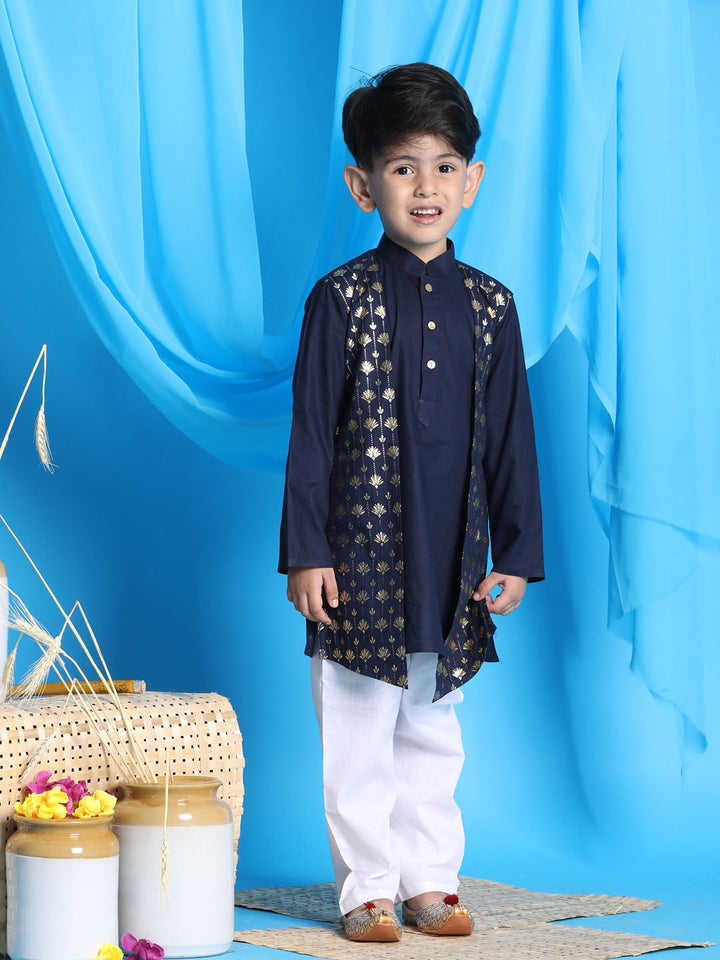 VASTRAMAY Boys' Navy Blue Jacket Style Kurta And White Pyjama Set