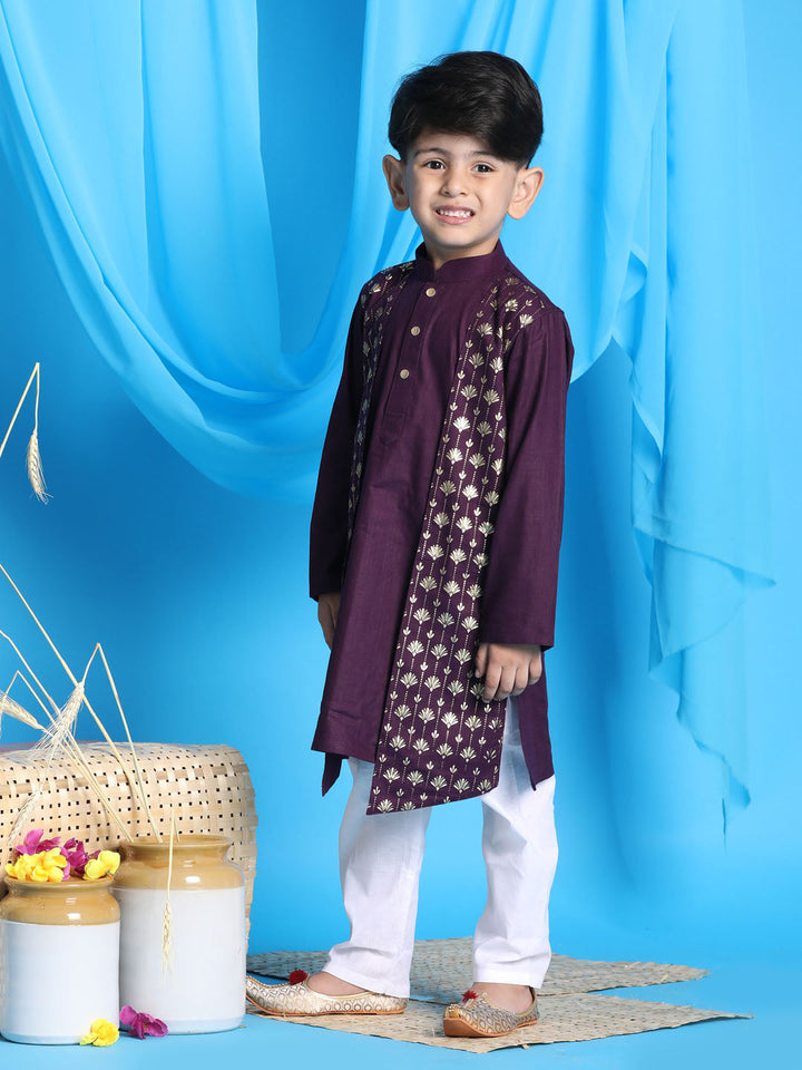 VASTRAMAY Boys' Purple Jacket Style Kurta And White Pyjama Set