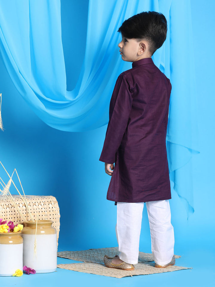 VASTRAMAY Boys' Purple Jacket Style Kurta And White Pyjama Set