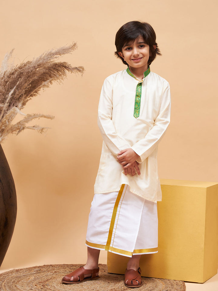 VASTRAMAY Boys' Green And White Kurta With Mundu Set