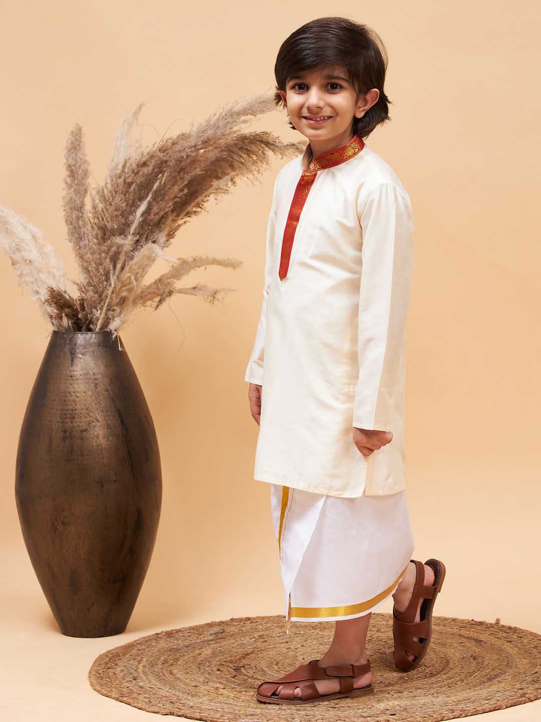 VASTRAMAY Boys' Maroon And White Kurta With Mundu Set