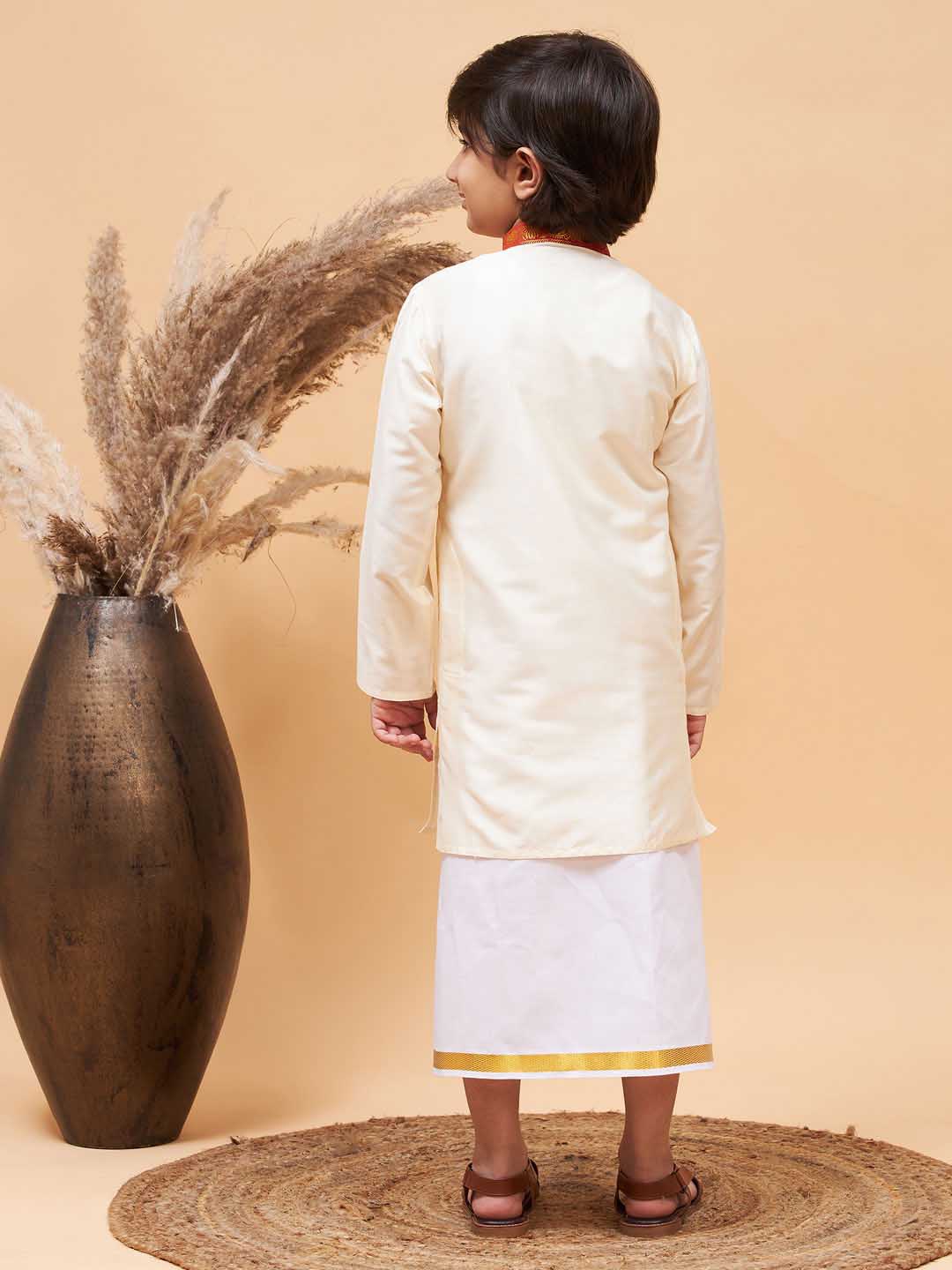 VASTRAMAY Boys' Maroon And White Kurta With Mundu Set