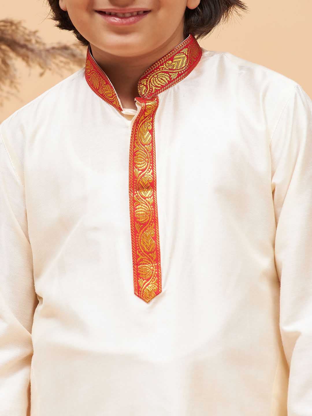 VASTRAMAY Boys' Maroon And White Kurta With Mundu Set