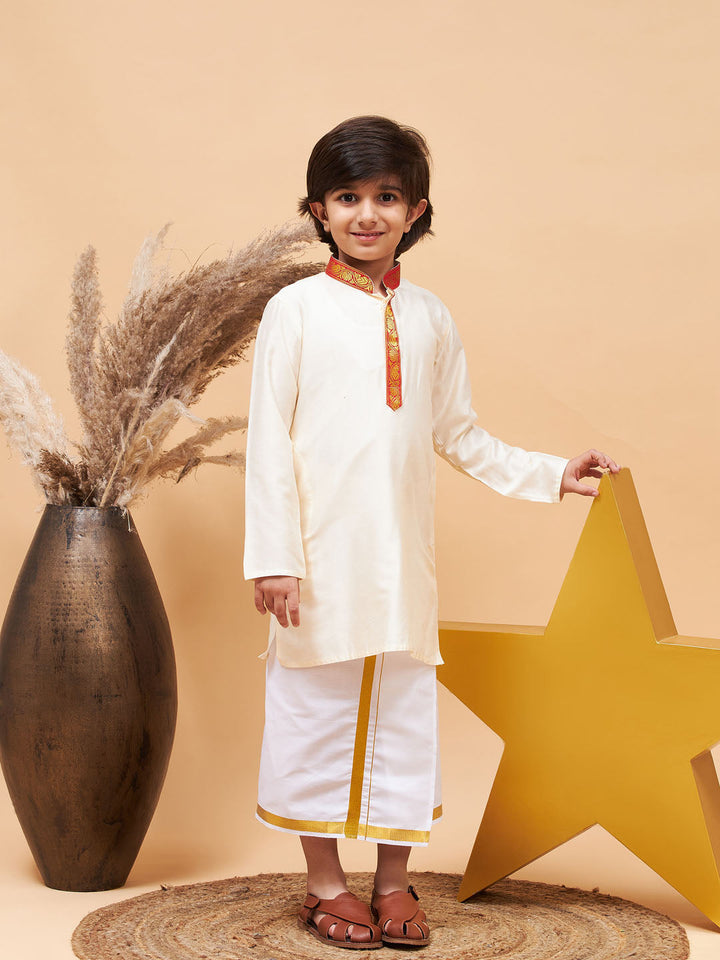 VASTRAMAY Boys' Maroon And White Kurta With Mundu Set