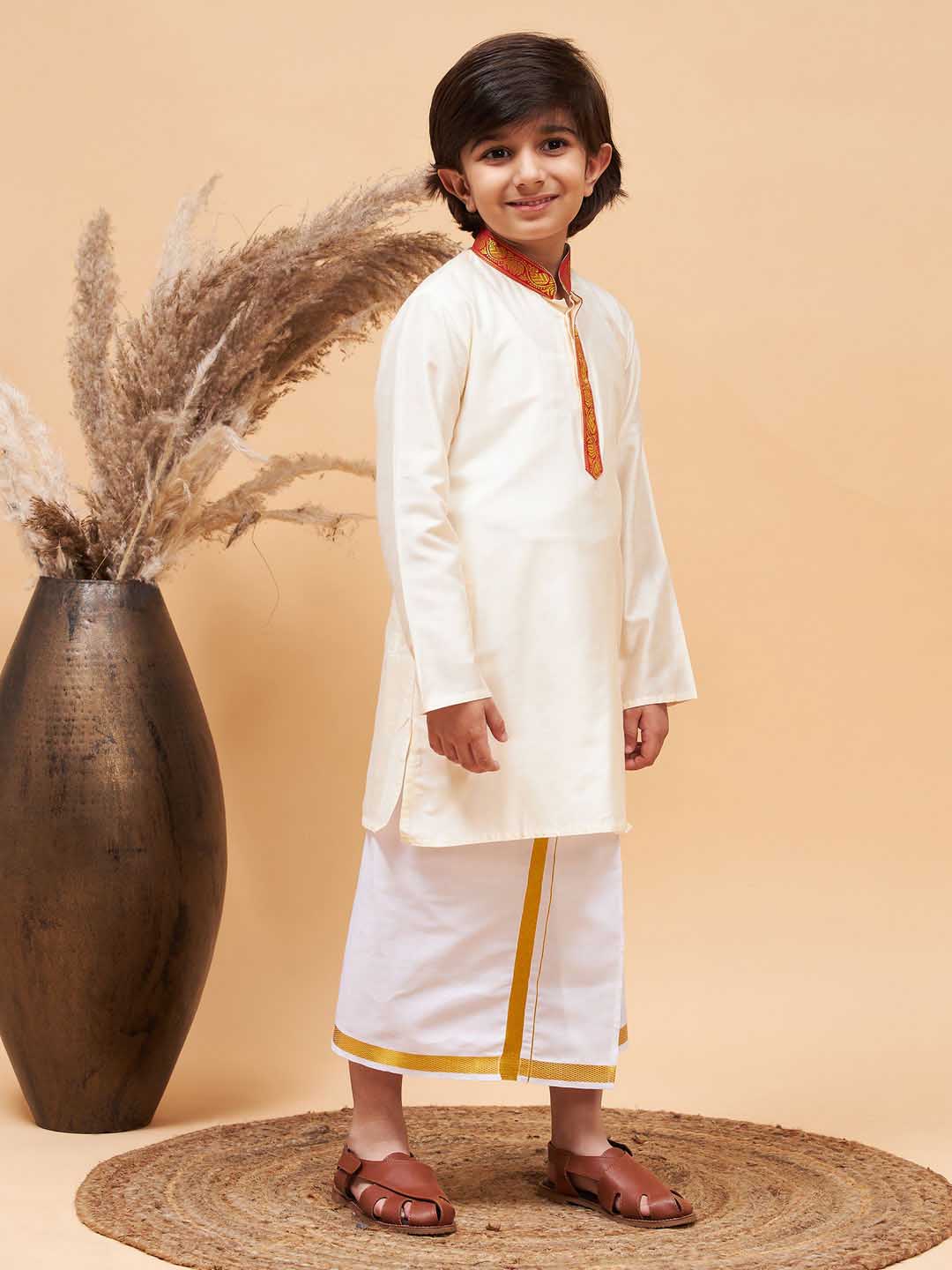 VASTRAMAY Boys' Maroon And White Kurta With Mundu Set