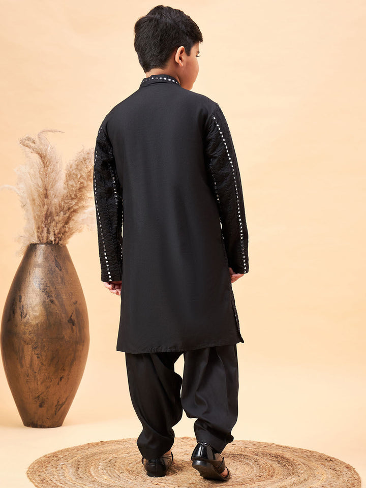 VASTRAMAY Boys Black Embroidered Vertical Mirror Work Kurta With Patiala Set