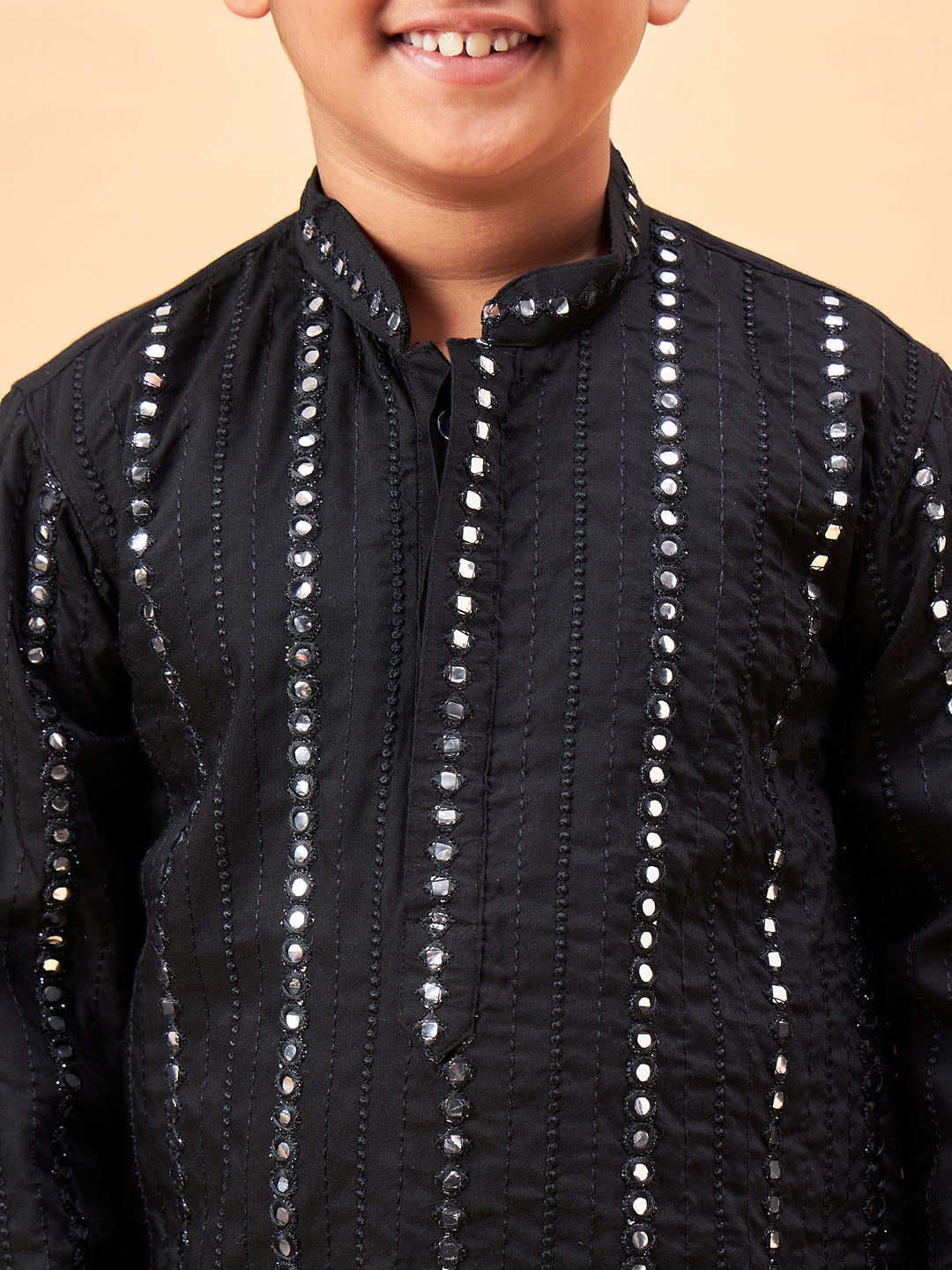 VASTRAMAY Boys Black Embroidered Vertical Mirror Work Kurta With Patiala Set