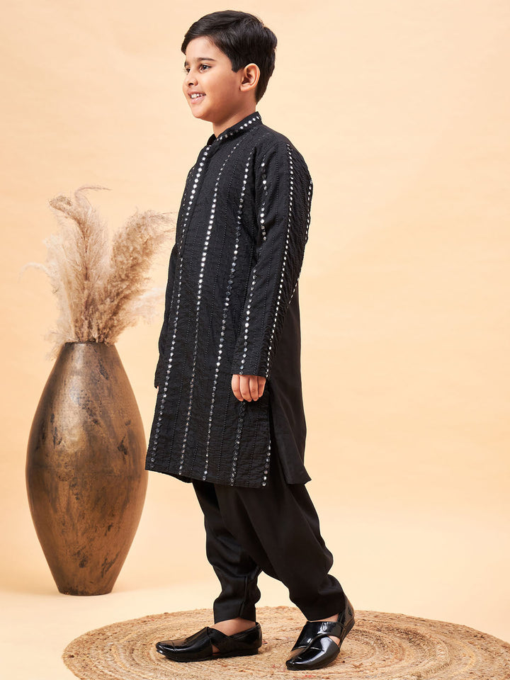 VASTRAMAY Boys Black Embroidered Vertical Mirror Work Kurta With Patiala Set