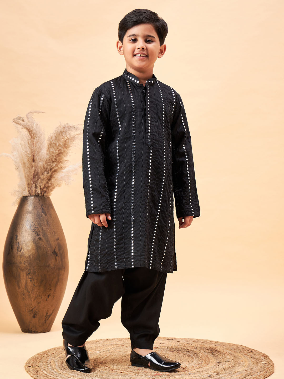 VASTRAMAY Boys Black Embroidered Vertical Mirror Work Kurta With Patiala Set