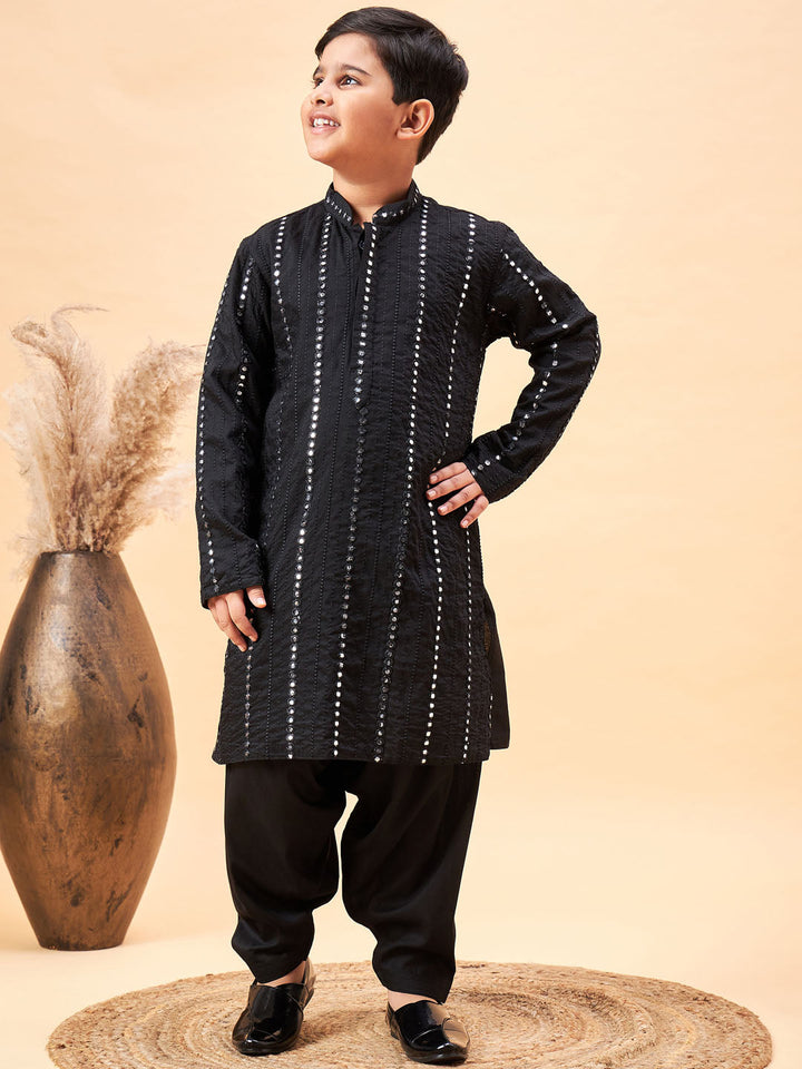 VASTRAMAY Boys Black Embroidered Vertical Mirror Work Kurta With Patiala Set