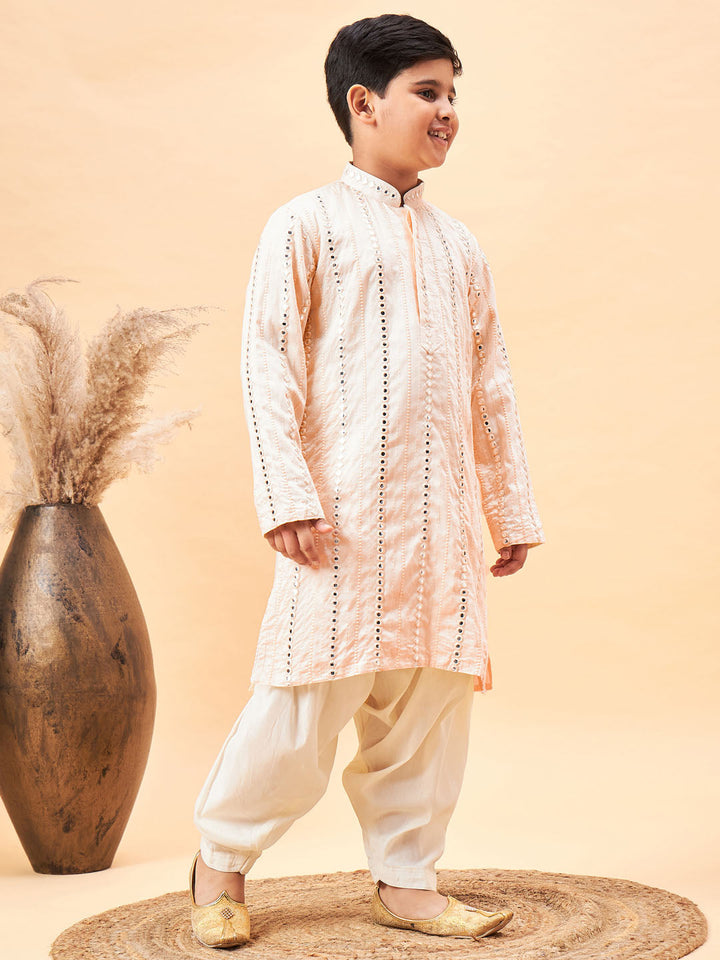 VASTRAMAY Boys Cream Embroidered Vertical Mirror Work Kurta With Patiala Set