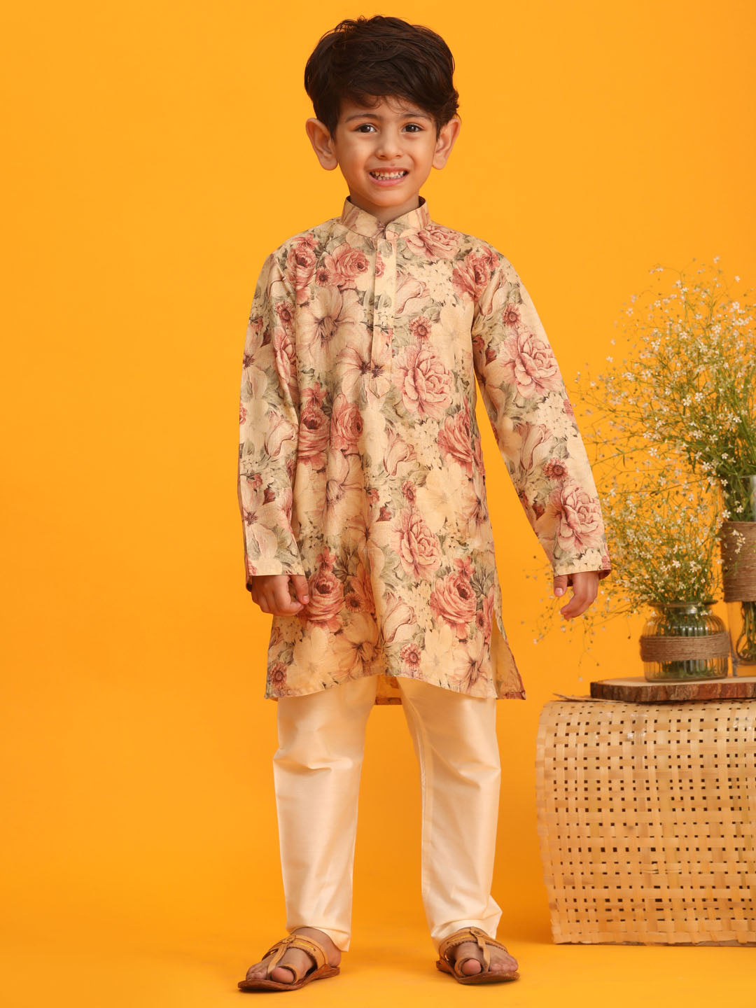VASTRAMAY Boy's Beige Floral Printed Kurta Pyjama Set - qivii
