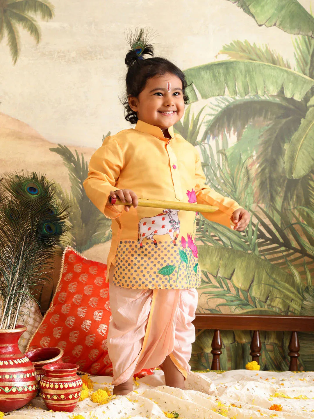 Boy's' Yellow Krishna Kurta And Dhoti Set
