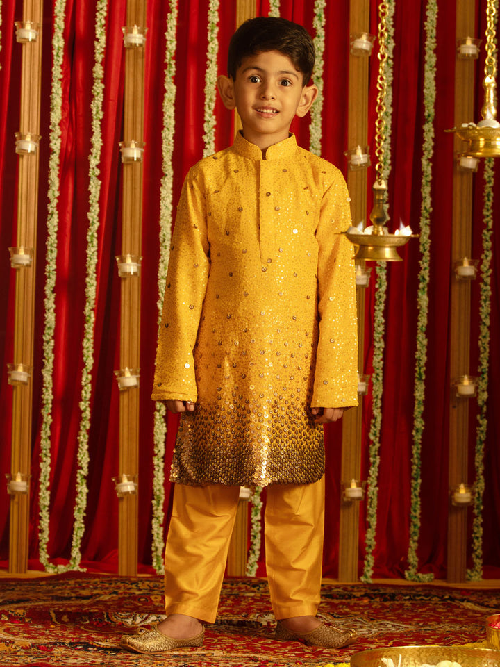 VASTRAMAY Boys' Yellow Sequin With Zari Worked Georgette Kurta Pyjama Set