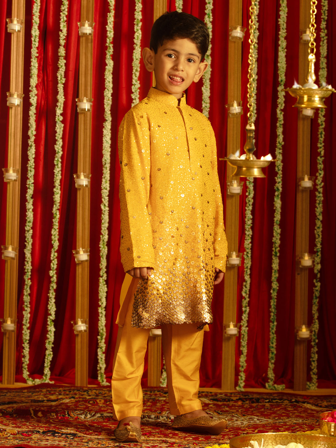 VASTRAMAY Boys' Yellow Sequin With Zari Worked Georgette Kurta Pyjama Set