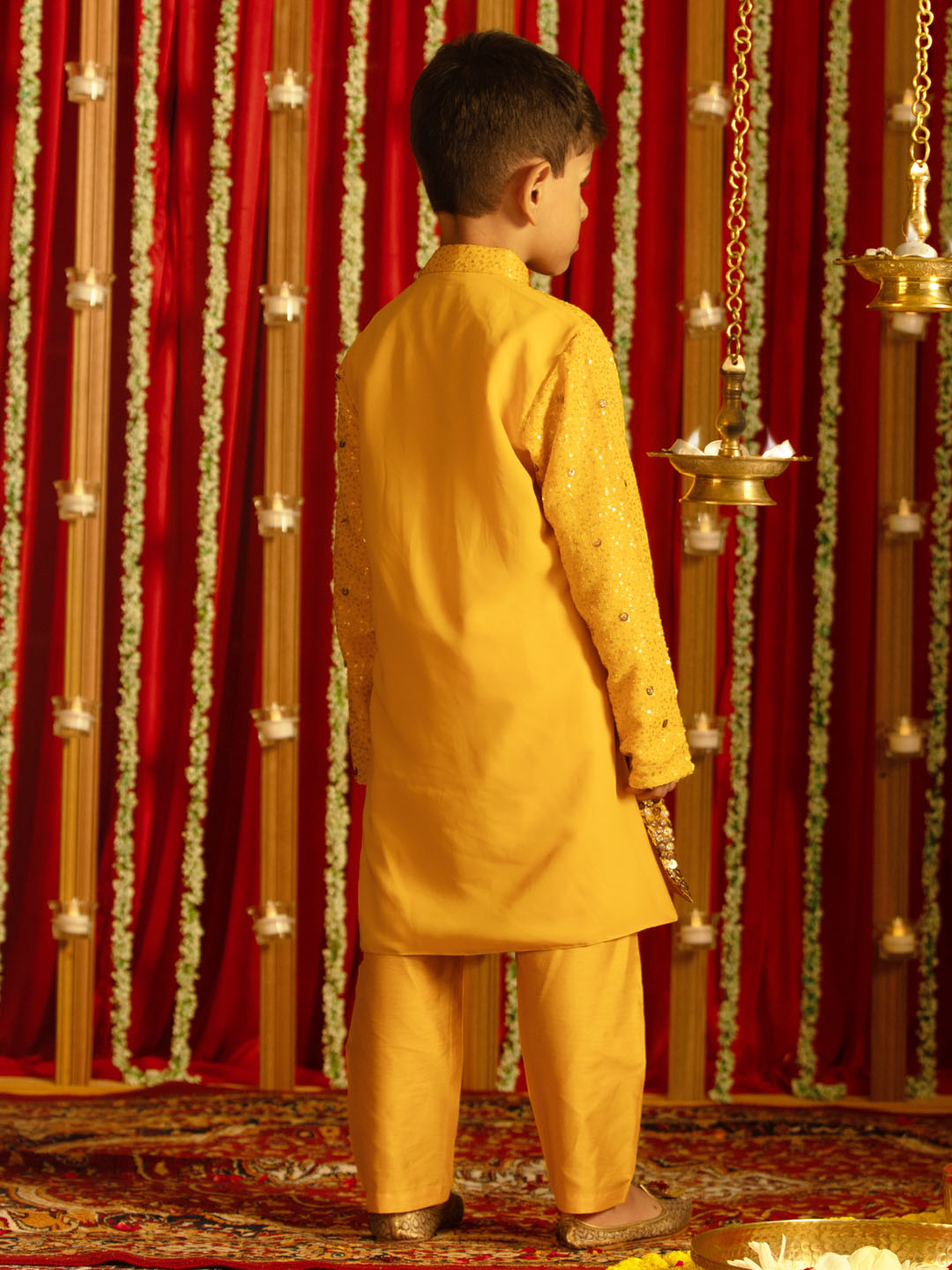 VASTRAMAY Boys' Yellow Sequin With Zari Worked Georgette Kurta Pyjama Set