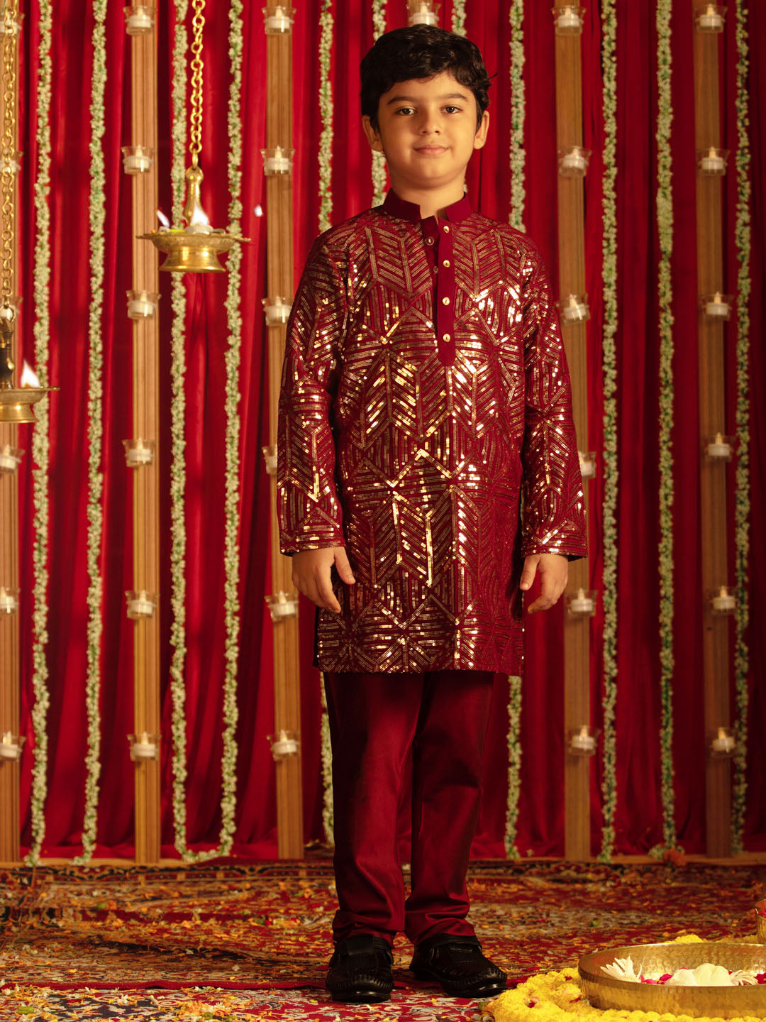 VASTRAMAY Boys' Maroon Embellished Georgette Kurta Pyjama Set