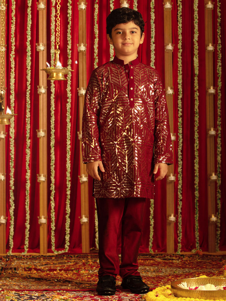 VASTRAMAY Boys' Maroon Embellished Georgette Kurta Pyjama Set