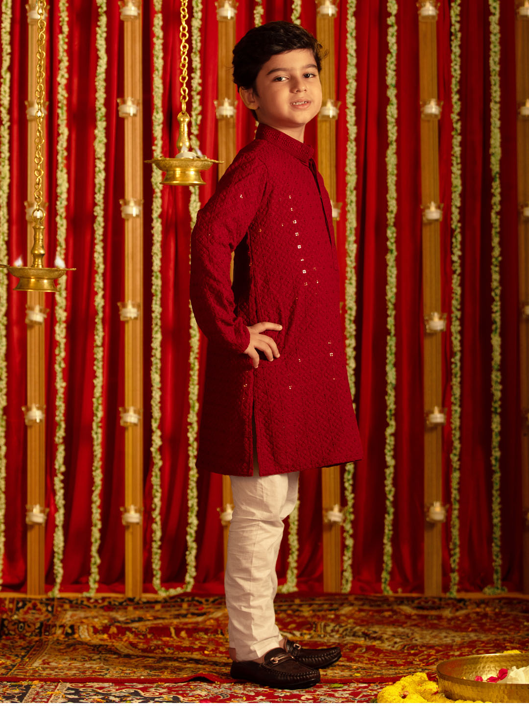 VASTRAMAY Boys' Maroon And White Schiffli  Kurta Pyjama Set