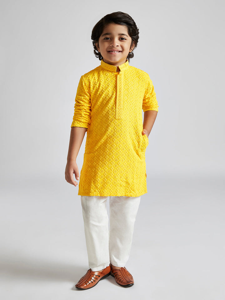 VASTRAMAY Boys' Yellow And White Schiffli Kurta Pyjama Set