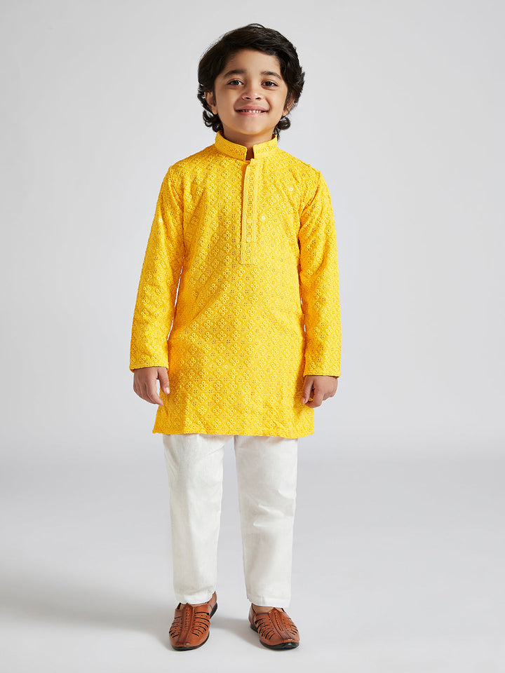 VASTRAMAY Boys' Yellow And White Schiffli Kurta Pyjama Set