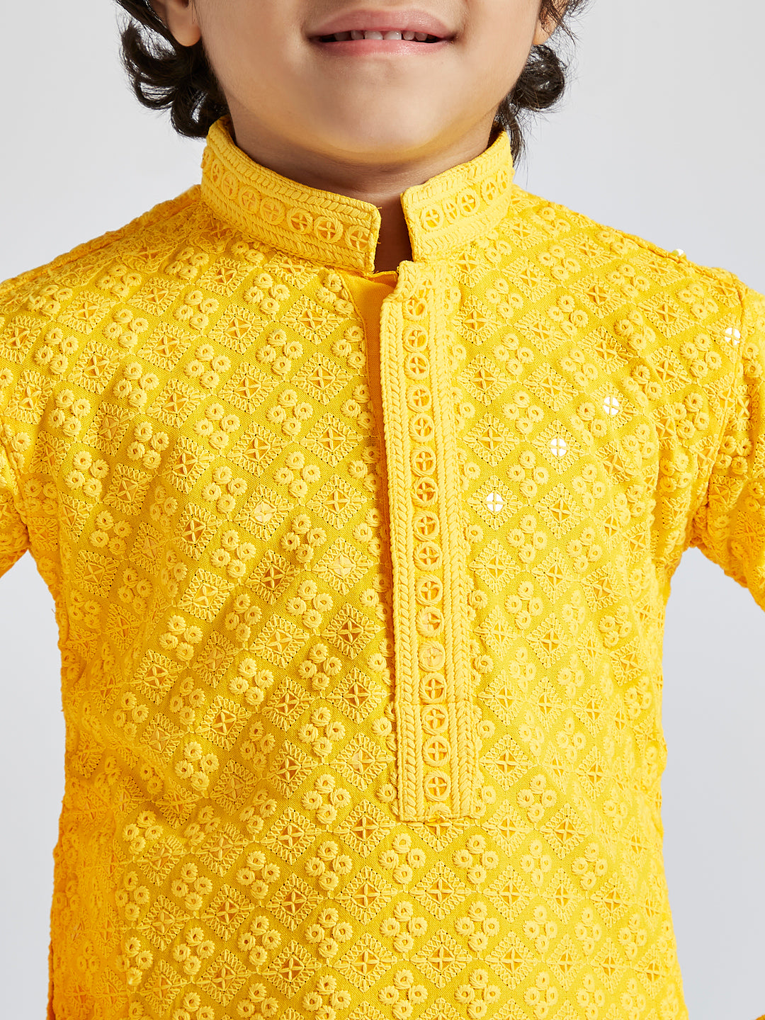 VASTRAMAY Boys' Yellow And White Schiffli Kurta Pyjama Set