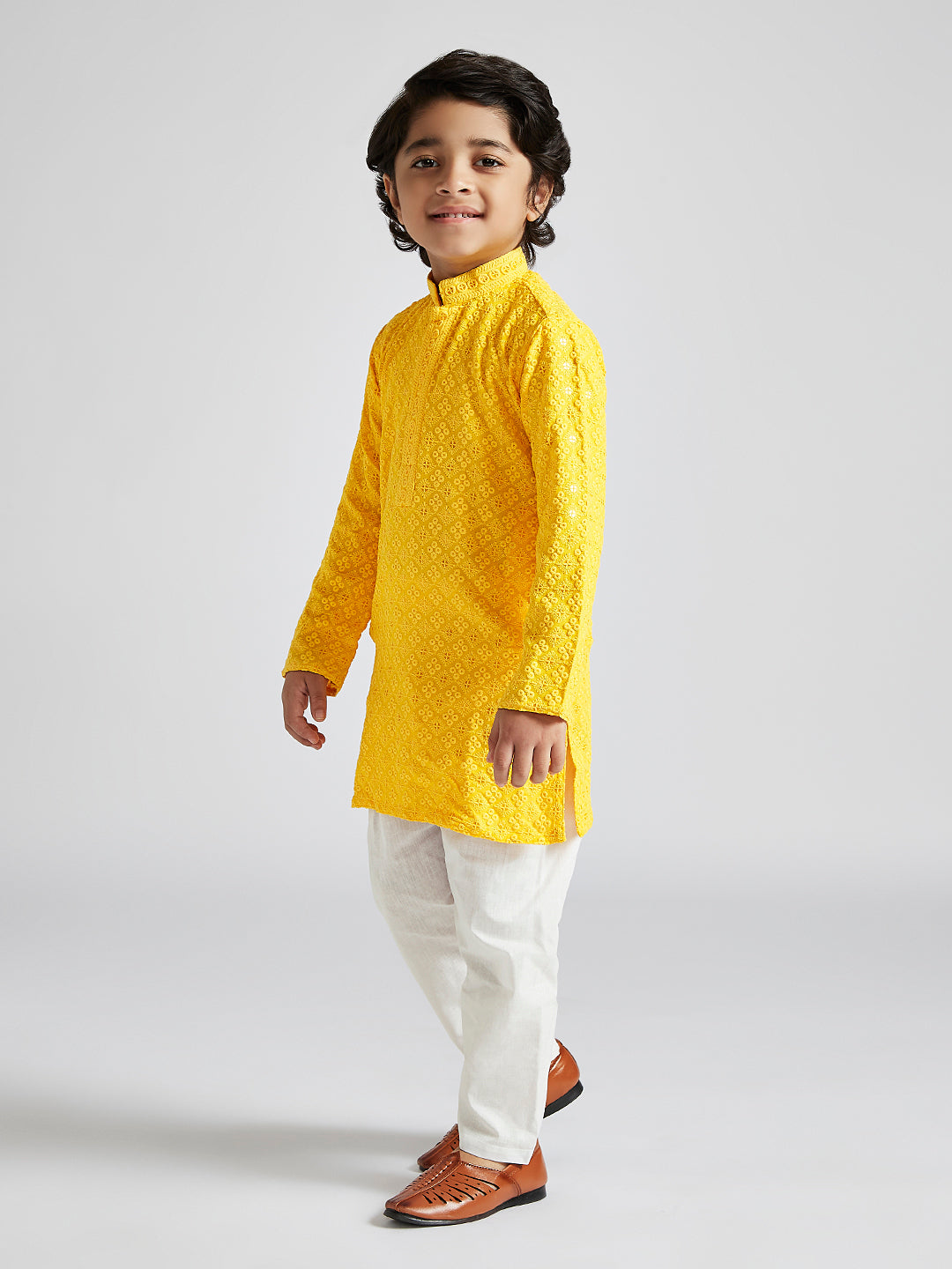 VASTRAMAY Boys' Yellow And White Schiffli Kurta Pyjama Set