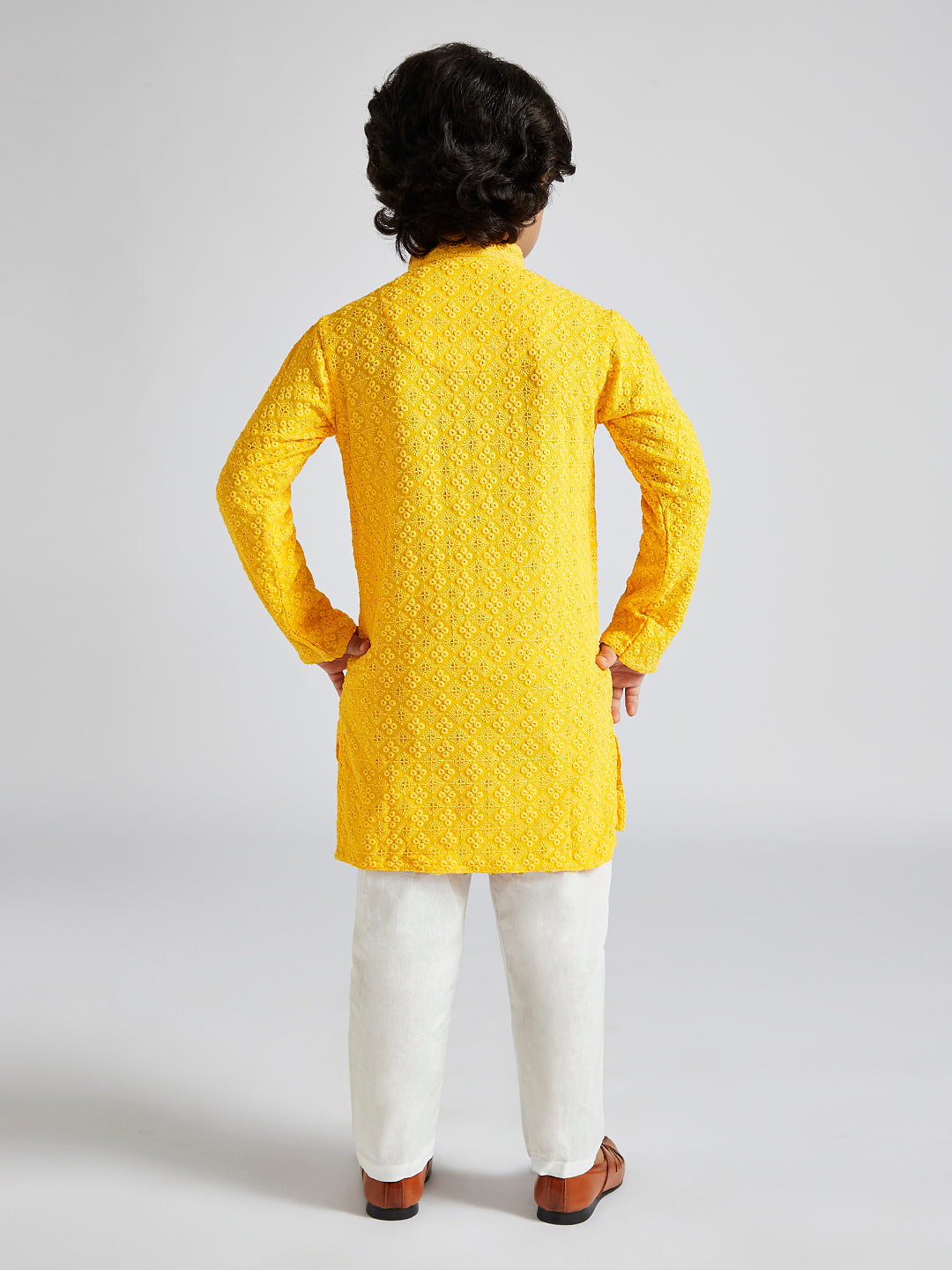 VASTRAMAY Boys' Yellow And White Schiffli Kurta Pyjama Set