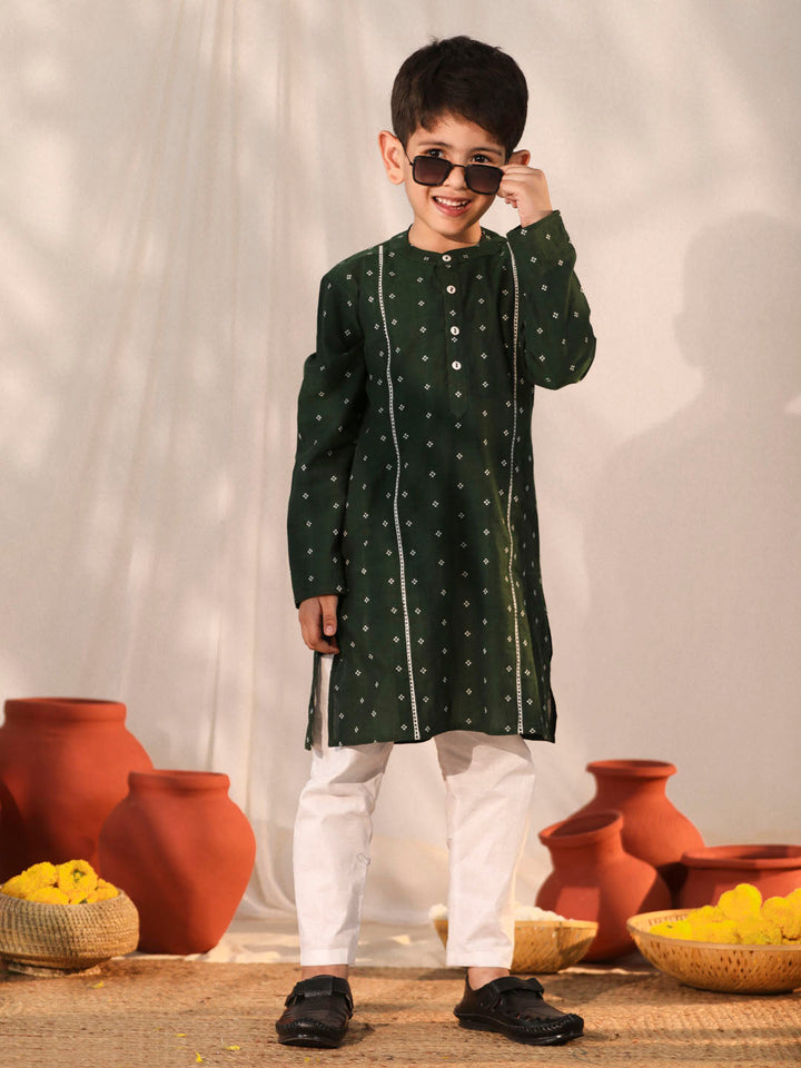 VASTRAMAY Boys' Bottle Green Kurta Pyjama Set